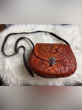 Hand-Tooled Floral Leather Crossbody Bag in Cognac Brown